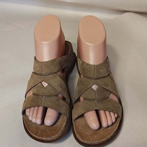Clarks Greige Nub Mendocino Natural Slip on Sandals Size 6 M Strappy Cork - Picture 3 of 11